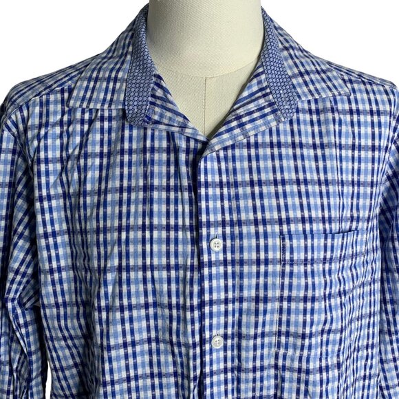 Johnston Murphy Button Up Checkered Shirt L Blue Long Sleeve Pocket Cotton - Picture 2 of 6